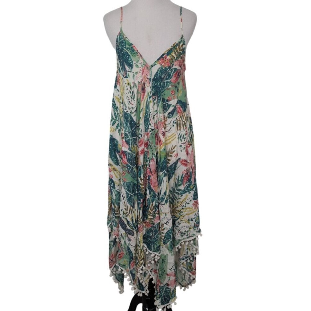 GOA Beachwear by Japna Floral Cover Up Womens Size Small Green Pom Pom V Neck